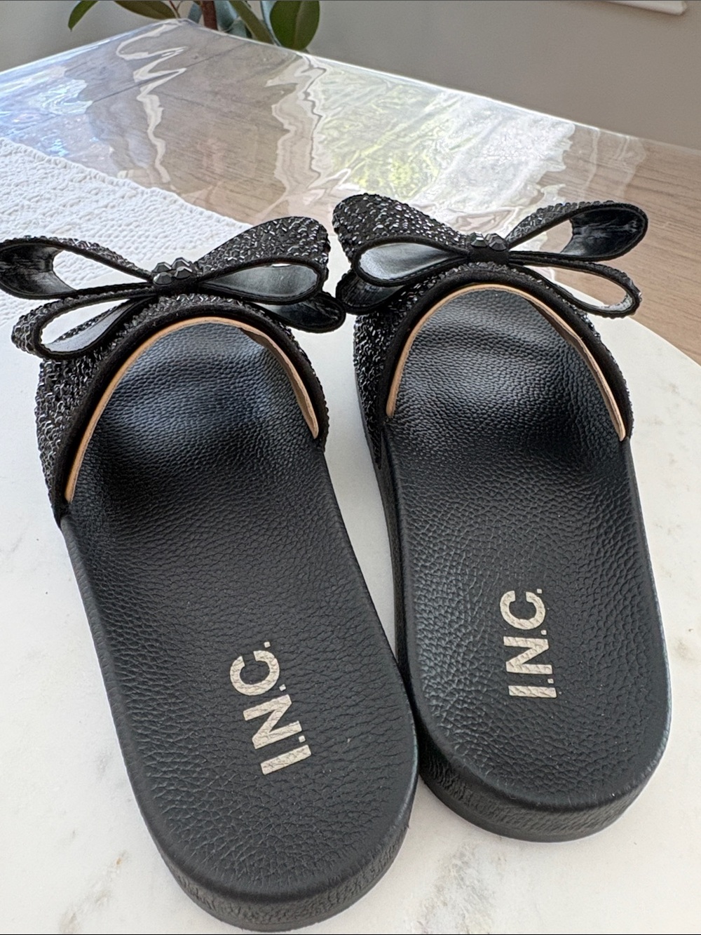 INC International Concepts Black Embellished Bow Slide Sandals - Picture 8 of 11